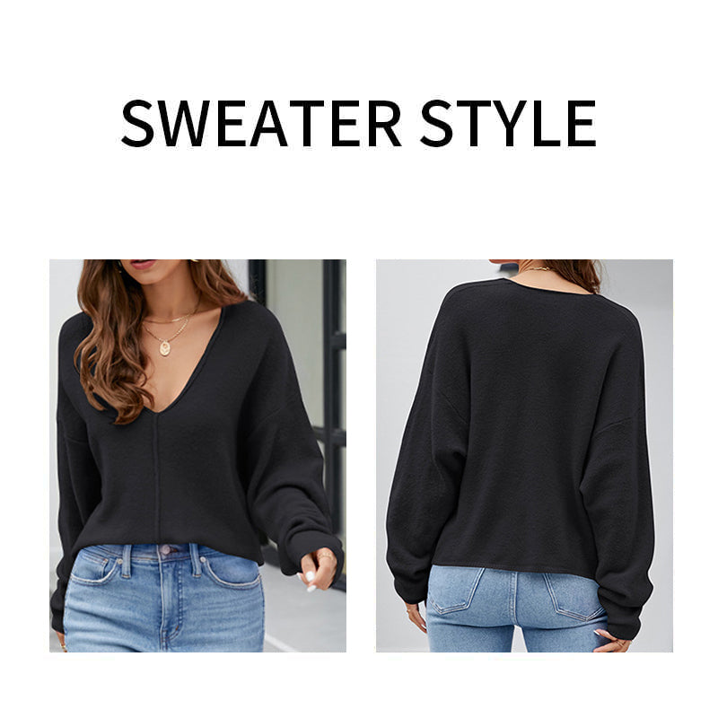 Black-Womens-Sexy-V-Neck-Pullover-Sweaters-Casual-Long-Sleeve-Knitted-Crop-Jumpers-Tops-K588-Detail