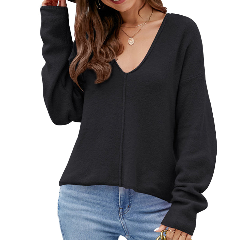Black-Womens-Sexy-V-Neck-Pullover-Sweaters-Casual-Long-Sleeve-Knitted-Crop-Jumpers-Tops-K588