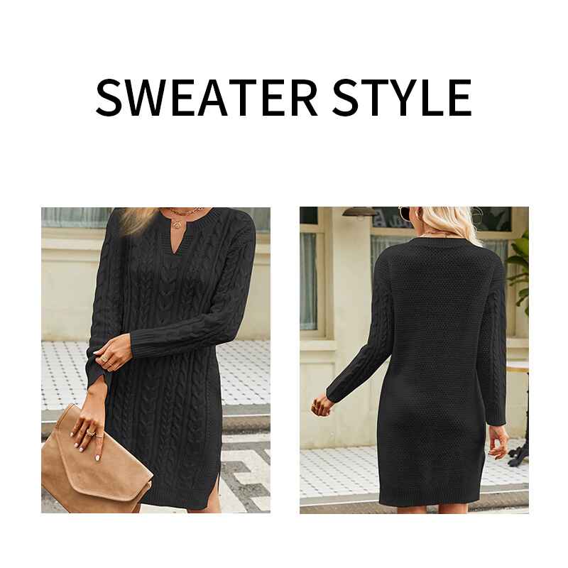    Black-Womens-Sweater-Dress-Long-Sleeve-V-Neck-Cable-Knit-Sweater-Dresses-Casual-Loose-K584-Detail