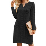 Black-Womens-Sweater-Dress-Long-Sleeve-V-Neck-Cable-Knit-Sweater-Dresses-Casual-Loose-K584
