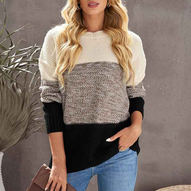 Black-Womens-Sweater-Pullover-Casual-Long-Sleeve-Crewneck-Color-Block-Pullover-Knit-Sweater-for-Women-K206-Front