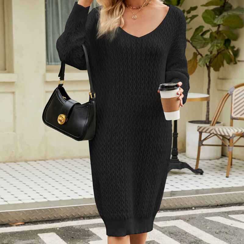 Black-Womens-V-Neck-Elasticity-Slim-Dress-Chunky-Cable-Knit-Pullover-Sweaters-Jumper-K586