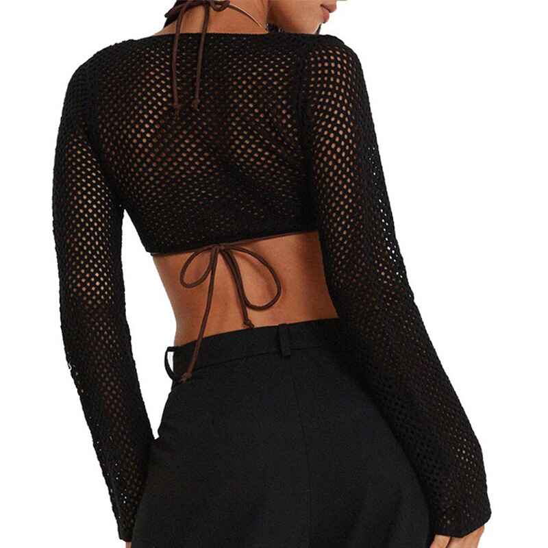 Black-Womens-hollow-short-knitted-top-mesh-long-sleeved-solid-color-strappy-cardigan-k640-Back