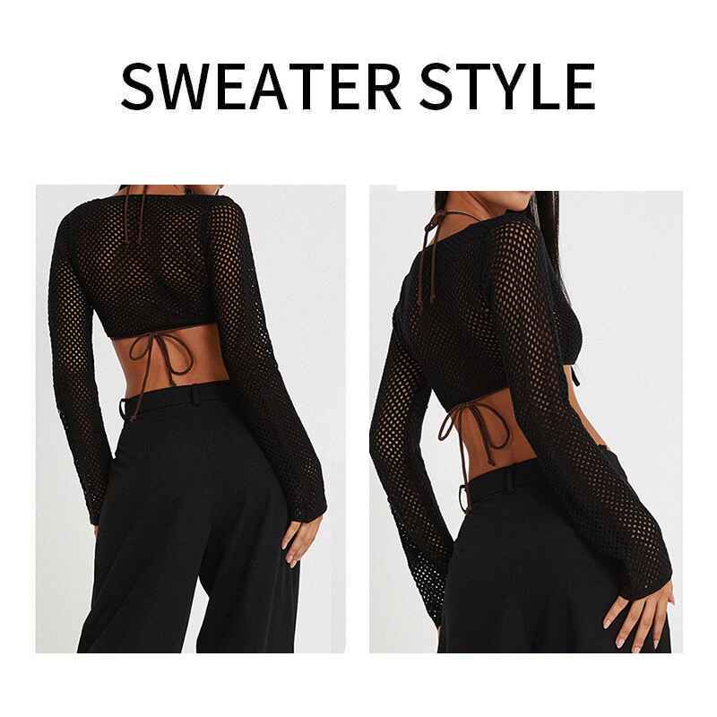 Black-Womens-hollow-short-knitted-top-mesh-long-sleeved-solid-color-strappy-cardigan-k640-Detail