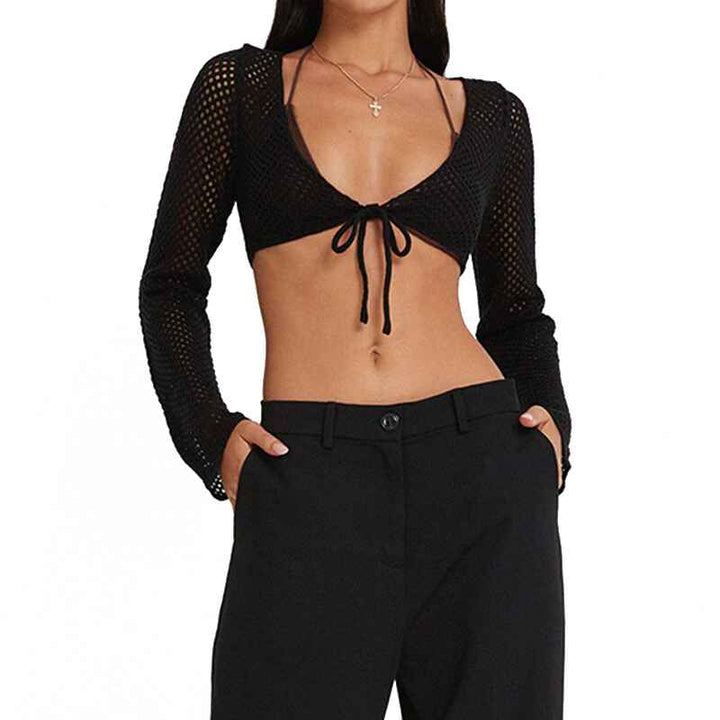 Black-Womens-hollow-short-knitted-top-mesh-long-sleeved-solid-color-strappy-cardigan-k640-Front
