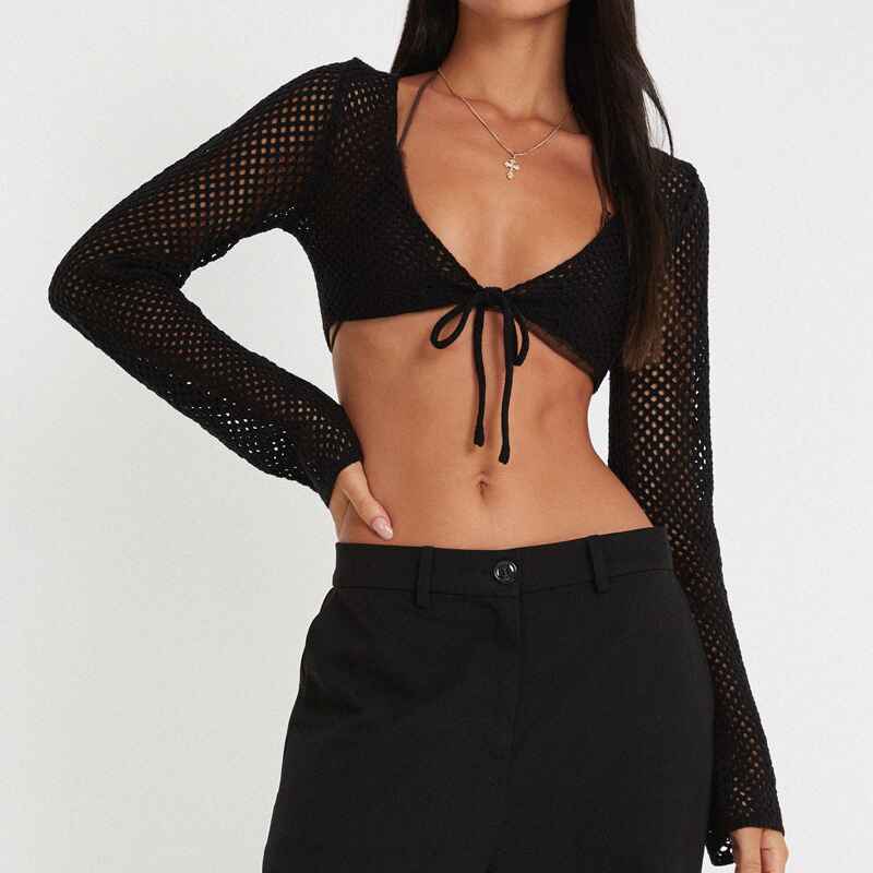Black-Womens-hollow-short-knitted-top-mesh-long-sleeved-solid-color-strappy-cardigan-k640