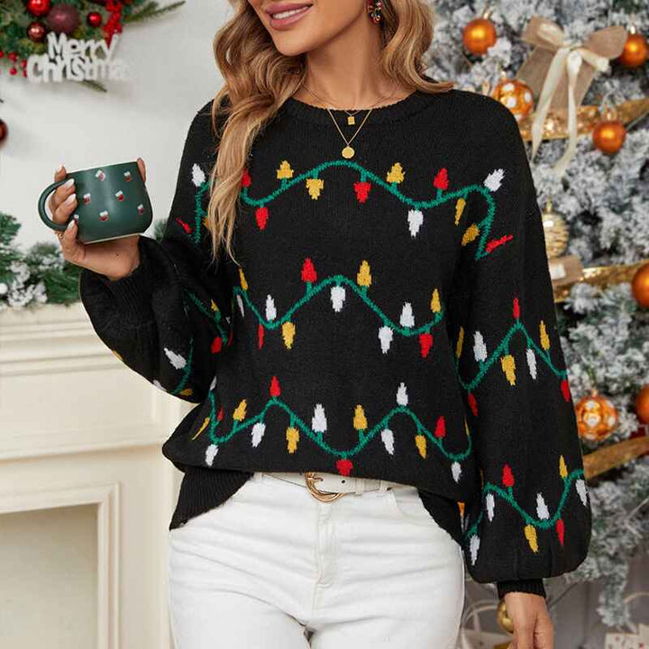 Black-Womens-round-neck-Christmas-lights-sweet-pullover-loose-knitted-sweater-k631-Front-2