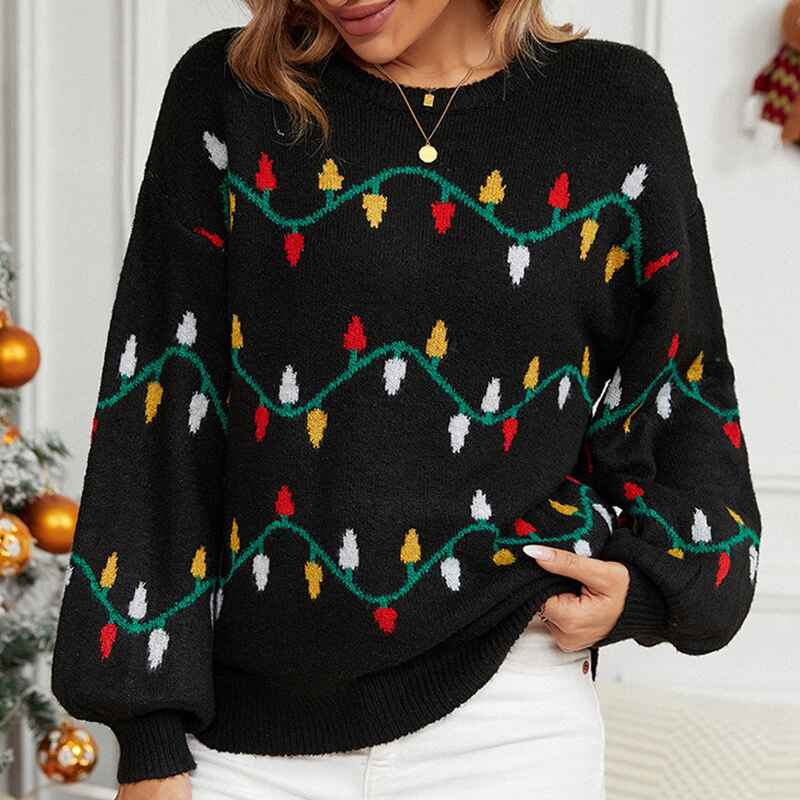 Black-Womens-round-neck-Christmas-lights-sweet-pullover-loose-knitted-sweater-k631-Front