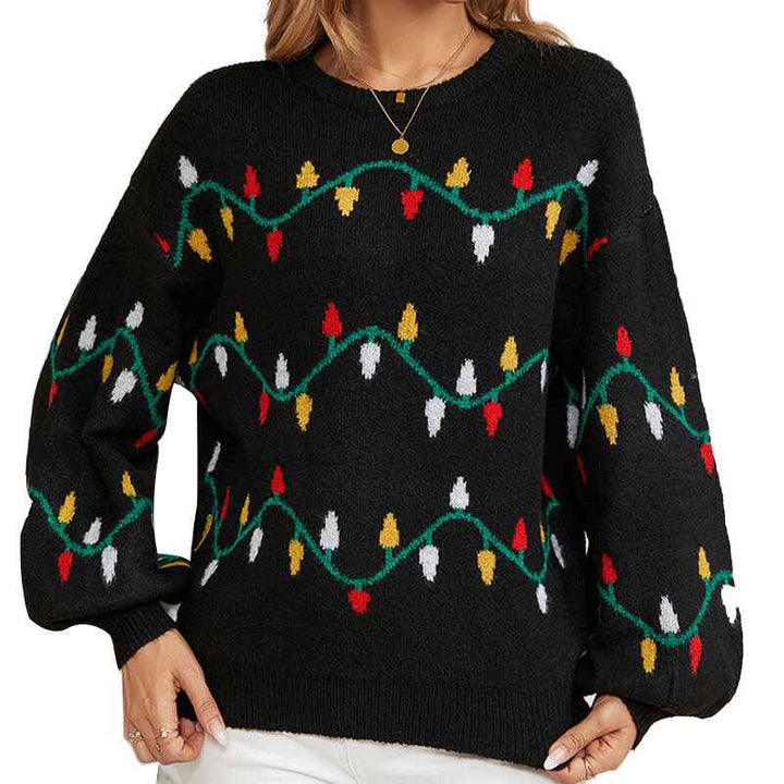 Black-Womens-round-neck-Christmas-lights-sweet-pullover-loose-knitted-sweater-k631-White-Background