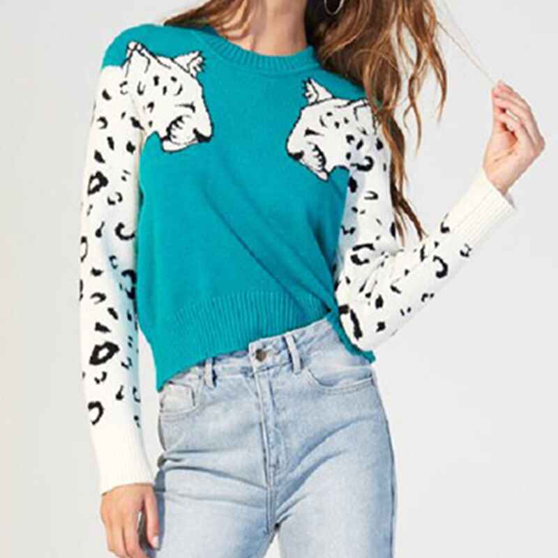 Blue-New-womens-leopard-print-round-neck-pullover-sweater-launched-k612-Front