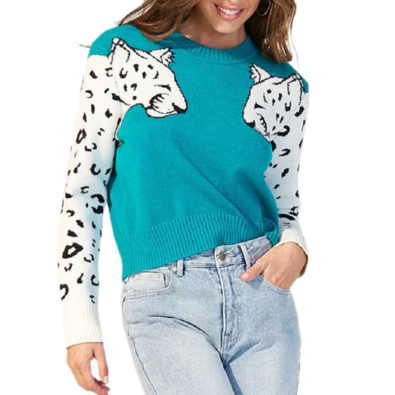 Blue-New-womens-leopard-print-round-neck-pullover-sweater-launched-k612