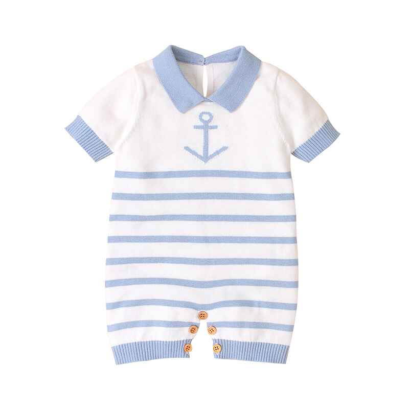 Blue-Newborn-Baby-Boy-Girls-Knitted-Short-Sleeve-Striped-Bodysuit-Lapel-Jumpsuit-Jumpsuit-Set-Short-Sleeve-A019-Front