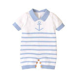 Blue-Newborn-Baby-Boy-Girls-Knitted-Short-Sleeve-Striped-Bodysuit-Lapel-Jumpsuit-Jumpsuit-Set-Short-Sleeve-A019-Front