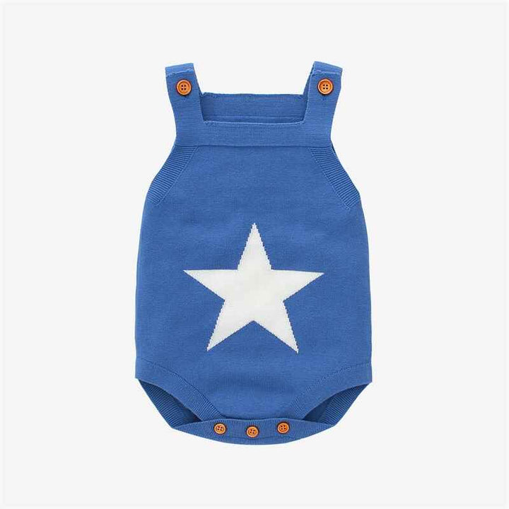     Blue-Romper-Sleeveless-Strap-Knit-Stars-Print-Bodysuit-Jumpsuit-Infant-Independence-Day-Outfit-A030-Front