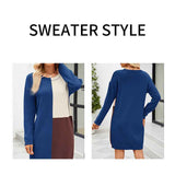 Blue-Womens-Color-Block-Long-Sleeve-Crew-Neck-Short-Bodycon-Sweater-Dress-K600-Detail