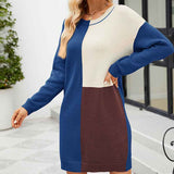 Blue-Womens-Color-Block-Long-Sleeve-Crew-Neck-Short-Bodycon-Sweater-Dress-K600-Side