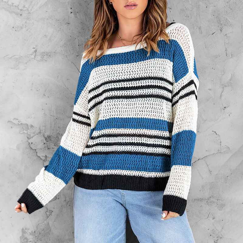 Blue-Womens-Color-Block-Tunic-Tops-Casual-Long-Sleeve-Shirts-Round-Neck-Pullover-K199-Front