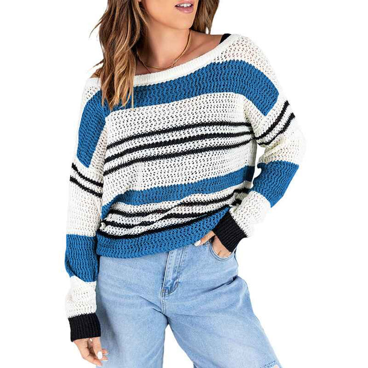 Blue-Womens-Color-Block-Tunic-Tops-Casual-Long-Sleeve-Shirts-Round-Neck-Pullover-K199