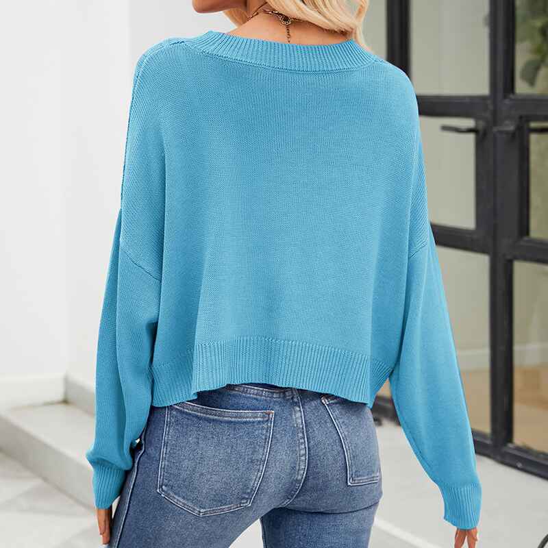Blue-Womens-Long-Sleeve-Button-Down-Classic-Sweater-Knit-Cardigan-K573-Back
