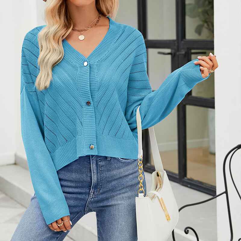 Blue-Womens-Long-Sleeve-Button-Down-Classic-Sweater-Knit-Cardigan-K573-Front