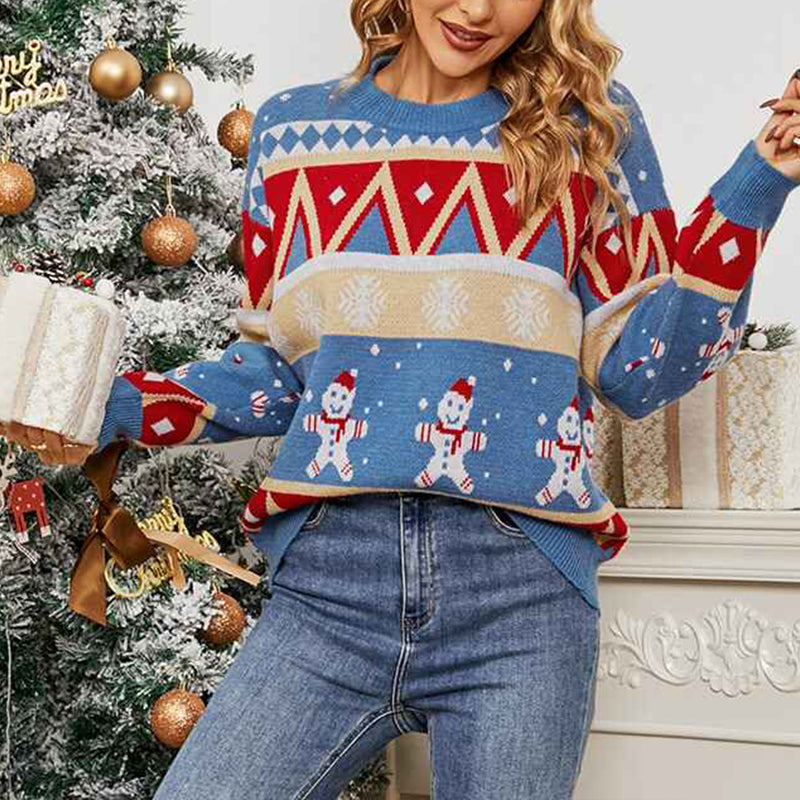 Blue-Womens-Ugly-Christmas-Sweater-Snowflakes-Long-Sleeve-Knit-Pullover-Crewneck-Sweatshirts-Tops-K483-Front