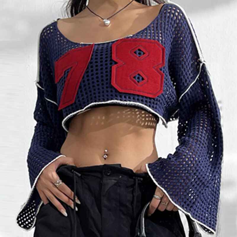 Blue-Womens-bell-sleeved-navel-baring-short-top-with-personalized-round-neck-hollow-knitted-sweater-k639-Front