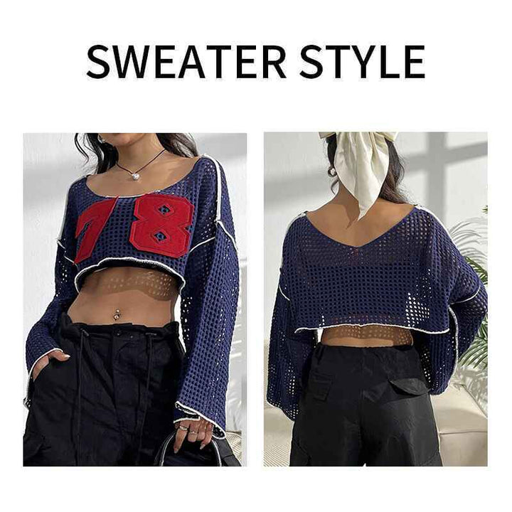 Blue-Womens-bell-sleeved-navel-baring-short-top-with-personalized-round-neck-hollow-knitted-sweater-k639