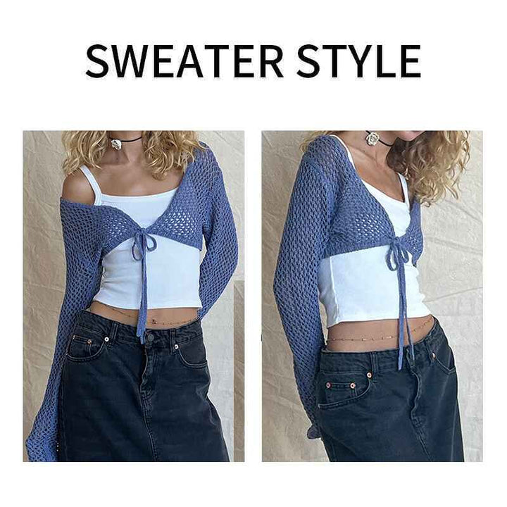 Blue-Womens-hollow-short-knitted-top-mesh-long-sleeved-solid-color-strappy-cardigan-k640-Detail