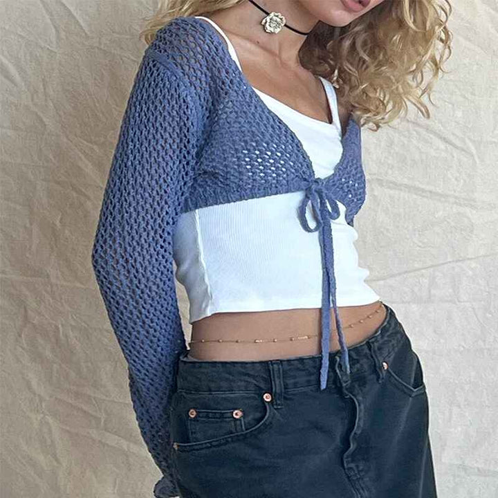 Blue-Womens-hollow-short-knitted-top-mesh-long-sleeved-solid-color-strappy-cardigan-k640-Side