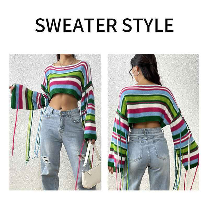 Blue-Womens-rainbow-striped-tassel-sweater-ultra-short-navel-baring-loose-sweater-k637-Detail