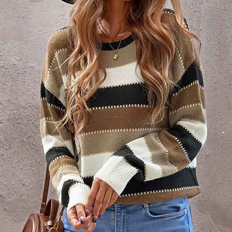 Brown-Color-Block-Sweater-for-Women-Long-Sleeve-Round-Neck-Striped-Stitching-Casual-Loose-Knitted-Pullover-Tops-K176