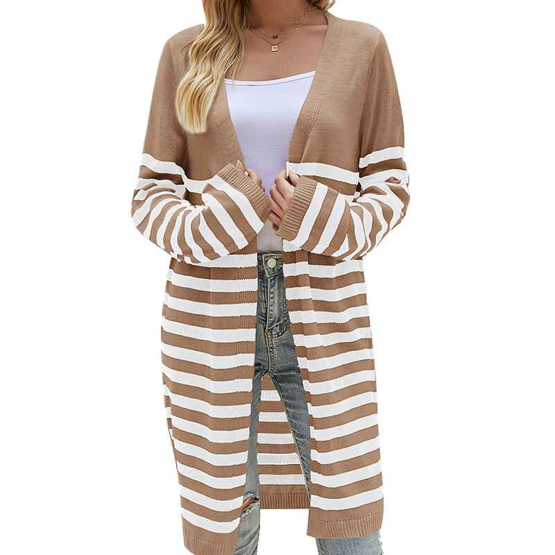 Brown-Womens-Color-Block-Striped-Draped-Cardigan-Long-Sleeve-Casual-Knit-Sweaters-Coat-Soft-Outwear-K597-Front