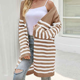     Brown-Womens-Color-Block-Striped-Draped-Cardigan-Long-Sleeve-Casual-Knit-Sweaters-Coat-Soft-Outwear-K597