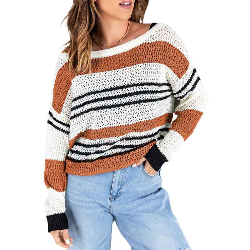 Brown-Womens-Color-Block-Tunic-Tops-Casual-Long-Sleeve-Shirts-Round-Neck-Pullover-K199