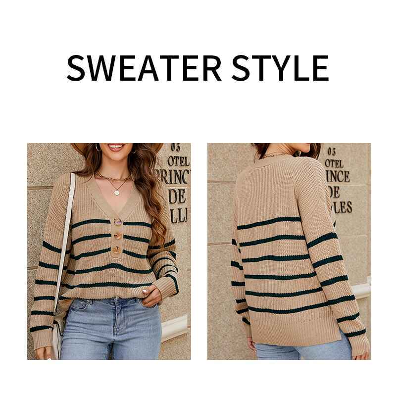 Brown-Womens-Long-Sleeve-V-Neck-Ribbed-Button-Knit-SweaterStripe-Tops-K610-Detail