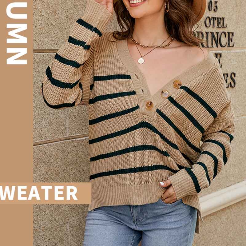 Brown-Womens-Long-Sleeve-V-Neck-Ribbed-Button-Knit-SweaterStripe-Tops-K610-Front-1