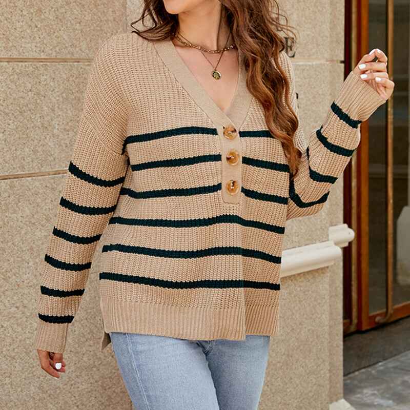 Brown-Womens-Long-Sleeve-V-Neck-Ribbed-Button-Knit-SweaterStripe-Tops-K610-Side