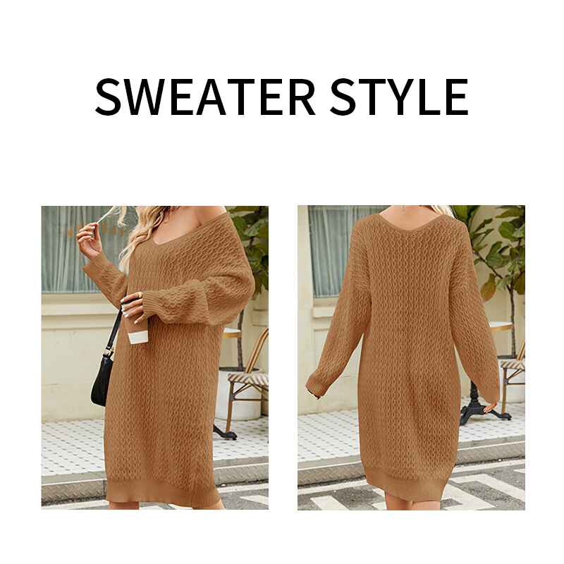 Brown-Womens-V-Neck-Elasticity-Slim-Dress-Chunky-Cable-Knit-Pullover-Sweaters-Jumper-K586-Detail