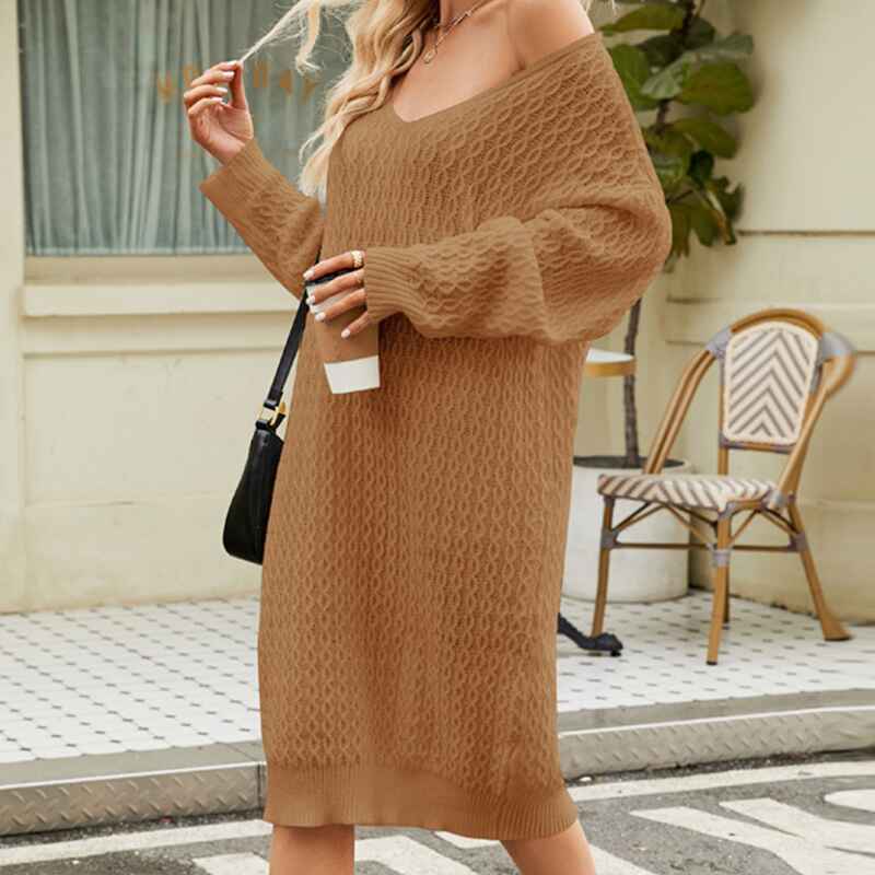 Brown-Womens-V-Neck-Elasticity-Slim-Dress-Chunky-Cable-Knit-Pullover-Sweaters-Jumper-K586