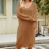 Camel-Womens-Cable-Knit-Short-V-Neck-Sweater-Dress-Soild-K575