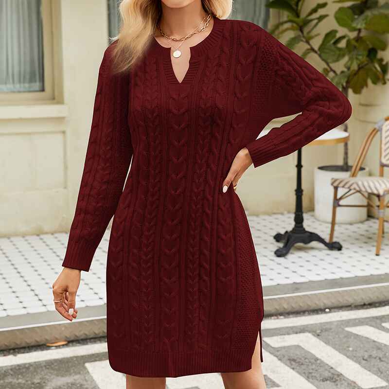Claret-Women-Casual-V-Neck-Knitted-Sweater-Dress-Long-Sleeve-Loose-Solid-Color-Hem-Slit-Sweater-Dresses-K577-Front