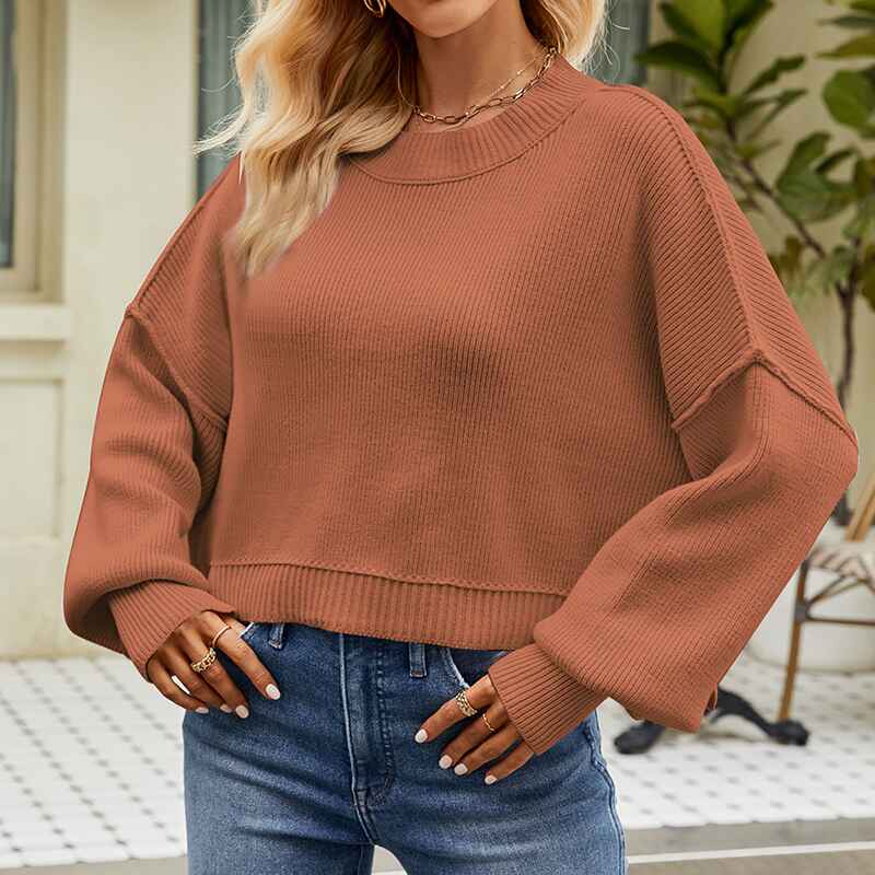 Coffee-Crewneck-Batwing-Sleeve-Oversized-Side-Slit-Ribbed-Knit-Pullover-Sweater-Top-K576