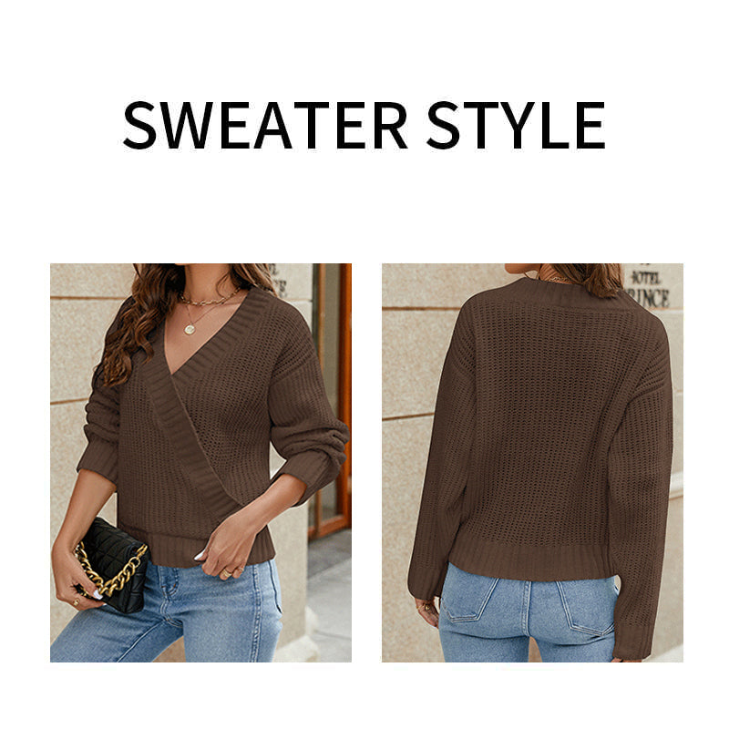 Coffee-Womens-Deep-V-Neck-Wrap-Sweaters-Long-Sleeve-Crochet-Knit-Pullover-Tops-K587-Detail