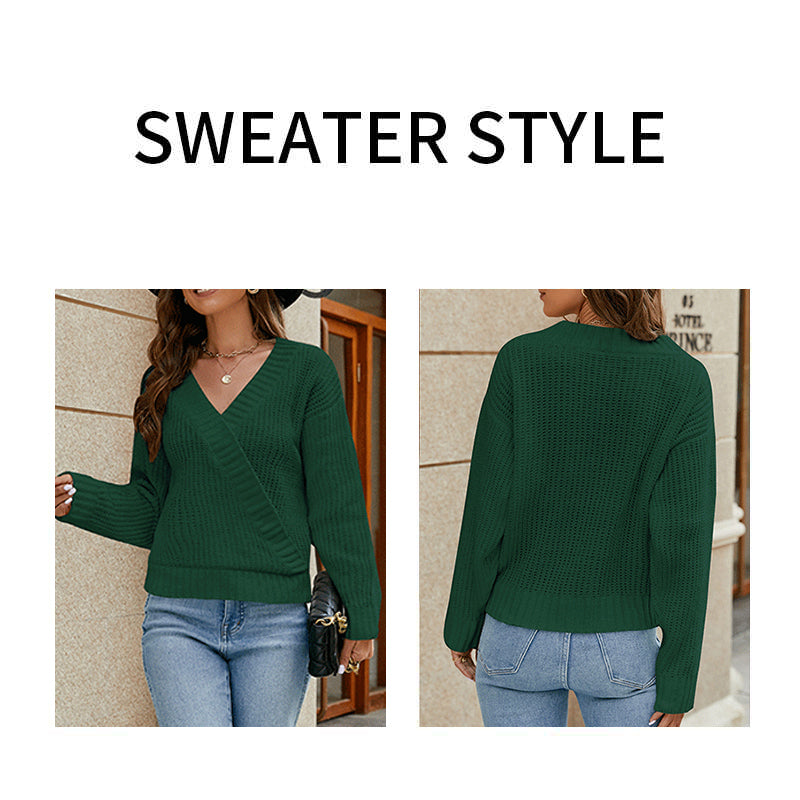 Dark-Green-Womens-Deep-V-Neck-Wrap-Sweaters-Long-Sleeve-Crochet-Knit-Pullover-Tops-K587-Detail