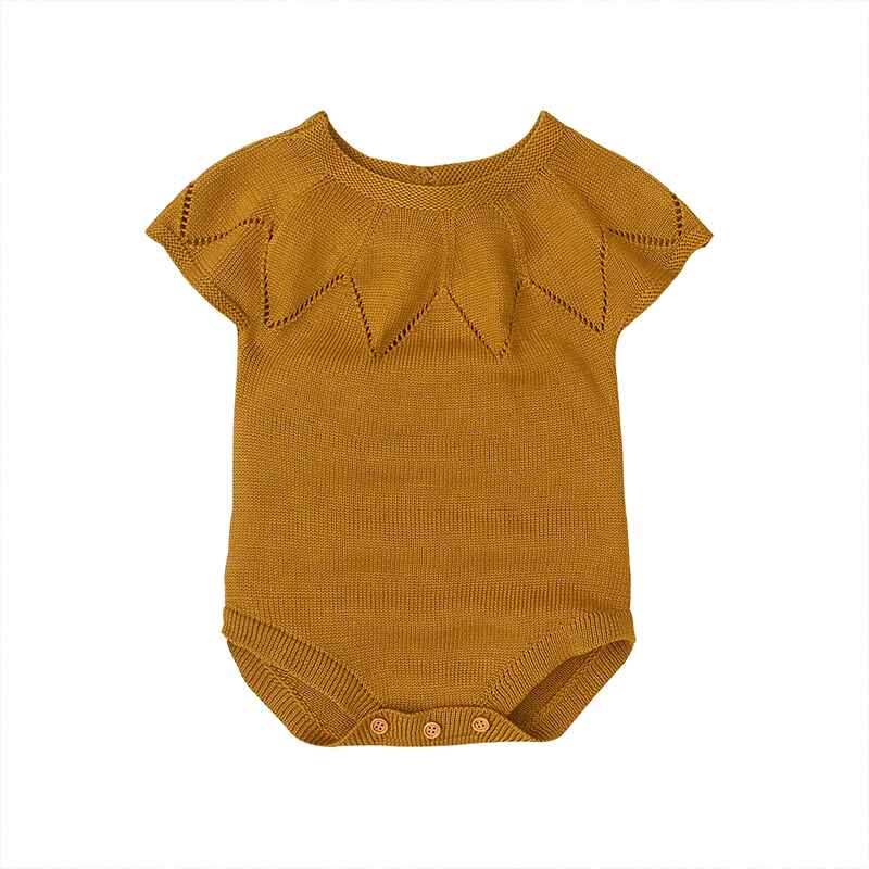 Dark-Yellow-Newborn-Baby-Girl-Knit-Short-Sleeve-Lace-Neck-Bodysuit-Jumpsuit-Set-Short-Sleeves-A012-Front