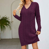 Fuchsia-Women-Sweater-Dress-V-Neck-Long-Sleeve-Oversized-Knitted-Winter-Dresses-K574