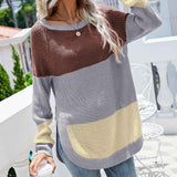 Khaki-Womens-Casual-Color-Block-Knit-Sweater-Crew-Neck-Long-Sleeve-Pullover-Jumper-Tops-K350-Front