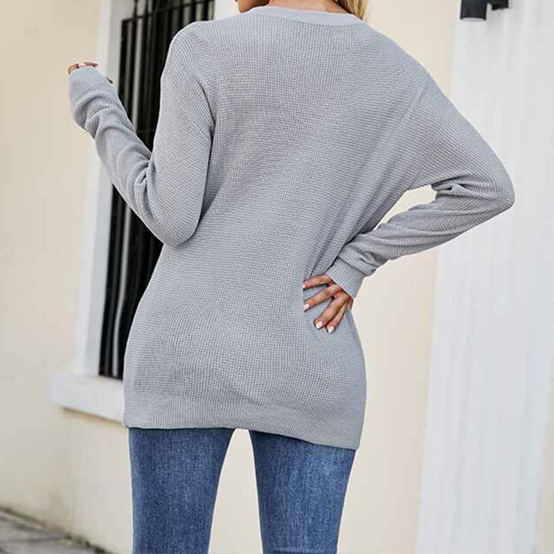 Gray-Womens-Long-Sleeve-Oversized-Crew-Neck-Solid- Color-Knit-Pullover-Sweater-Tops-K493-Back