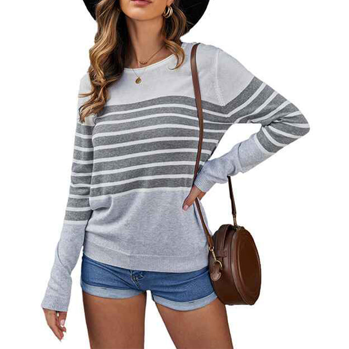 Gray-Womens-Stripe-Drop-Shoulder-Long-Sleeve-Round-Neck-Pullover-Sweater-Tops-K149