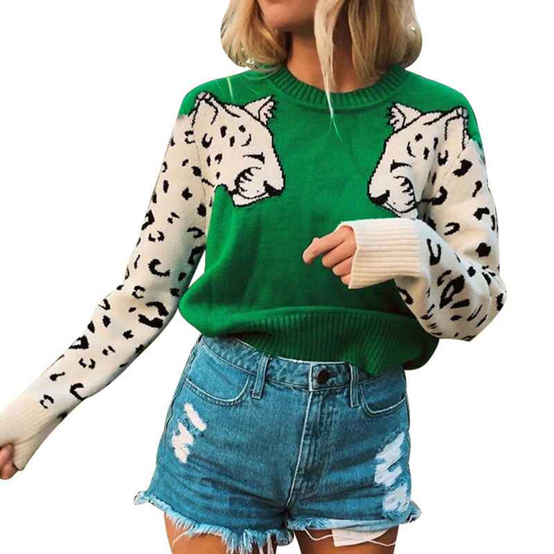 Green-New-womens-leopard-print-round-neck-pullover-sweater-launched-k612